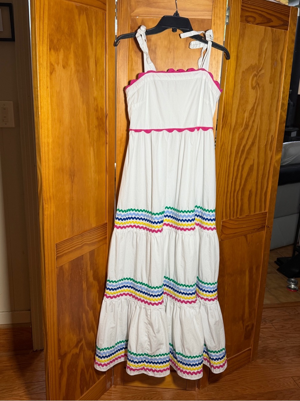 White, Tiered Maxi Dress with Rainbow Trim |100% Cotton| Sz S|Whimsy|Coquette